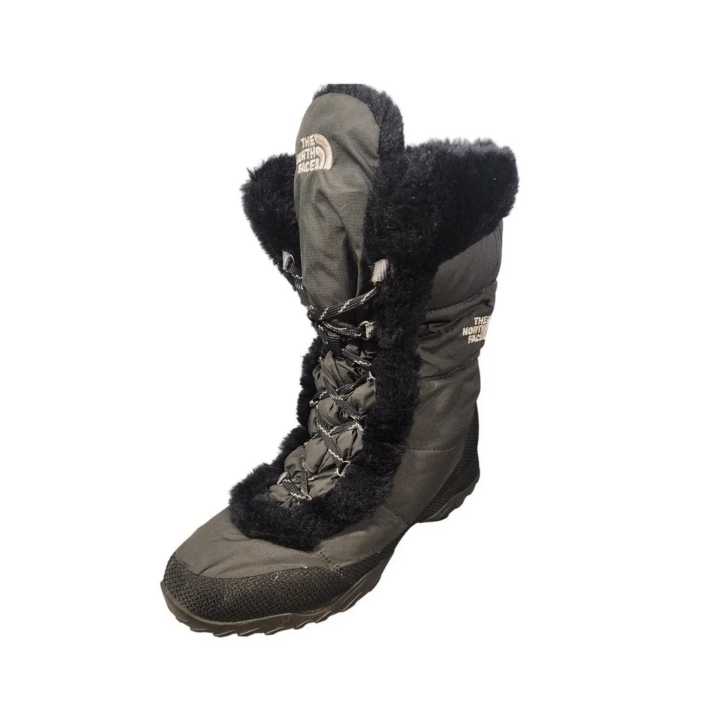 North Face Boots Nuptse Fur IV Womens Size 8 Black Faux Fur Quilted Snow Winter